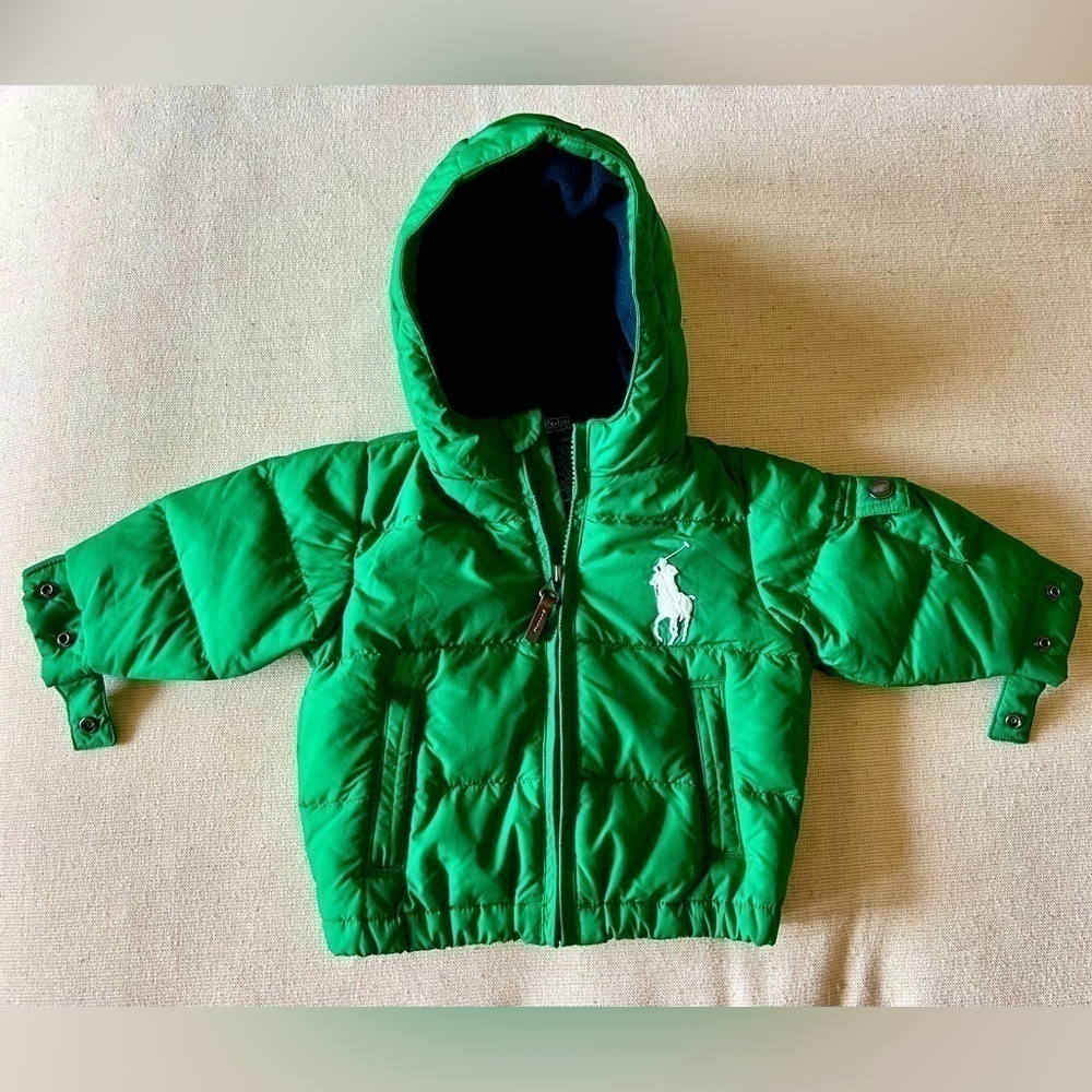 Polo RALPH LAUREN Boys Water-Repellent Down Puffer Hooded Jacket Green Sz 9M
